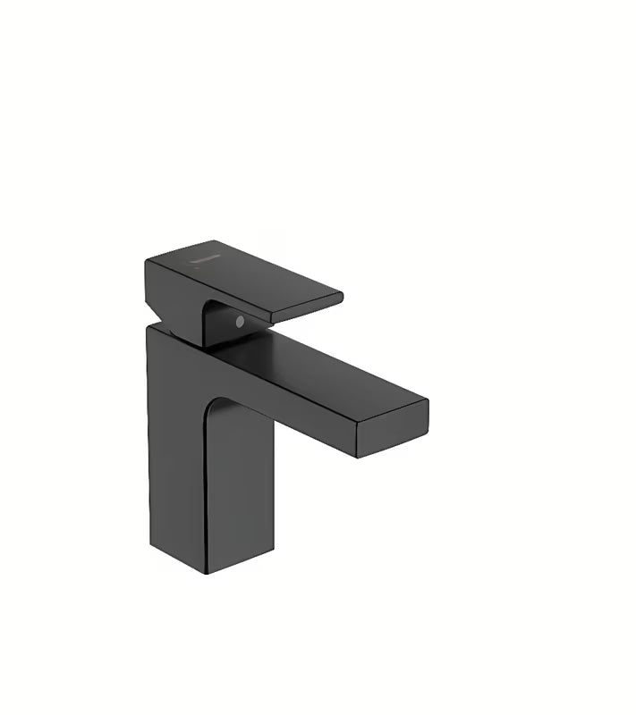 Czarna matowa bateria umywalkowa jednouchwytowa hansgrohe Vernis Shape z odpływem z korkiem cięgnowym