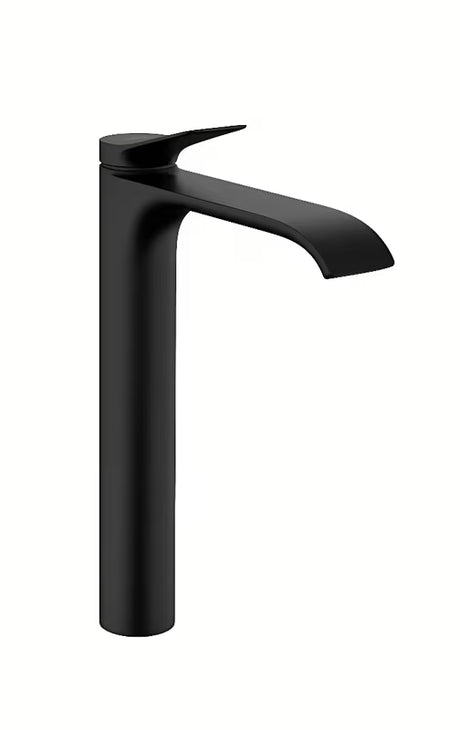 Wysoka bateria umywalkowa Hansgrohe Vivenis w matowej czerni z uchwytem dźwigniowym i extra szeroką wylewką.