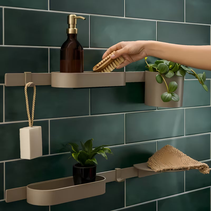 Beżowa półka prysznicowa półka hansgrohe wallstoris Planet Edition pro do przechowywania szamponu i akcesoriów prysznicowych