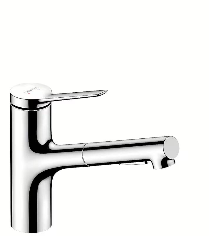 Chromowana bateria zlewozmywakowa Hansgrohe Zesis z wyciąganą wylewką z przełączaniem strumienia laminarnego i prysznicowego.