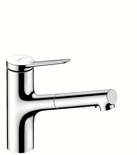 Chromowana bateria zlewozmywakowa Hansgrohe Zesis z wyciąganą wylewką z przełączaniem strumienia laminarnego i prysznicowego.