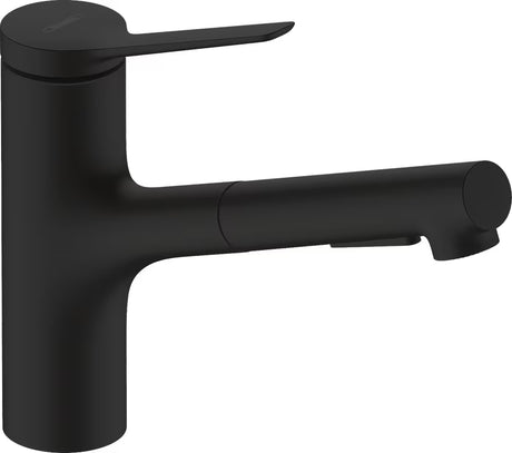 Hansgrohe Zesis M33 jednouchwytowa bateria zlewozmywakowa z wyciąganą wylewką w matowej czerni.