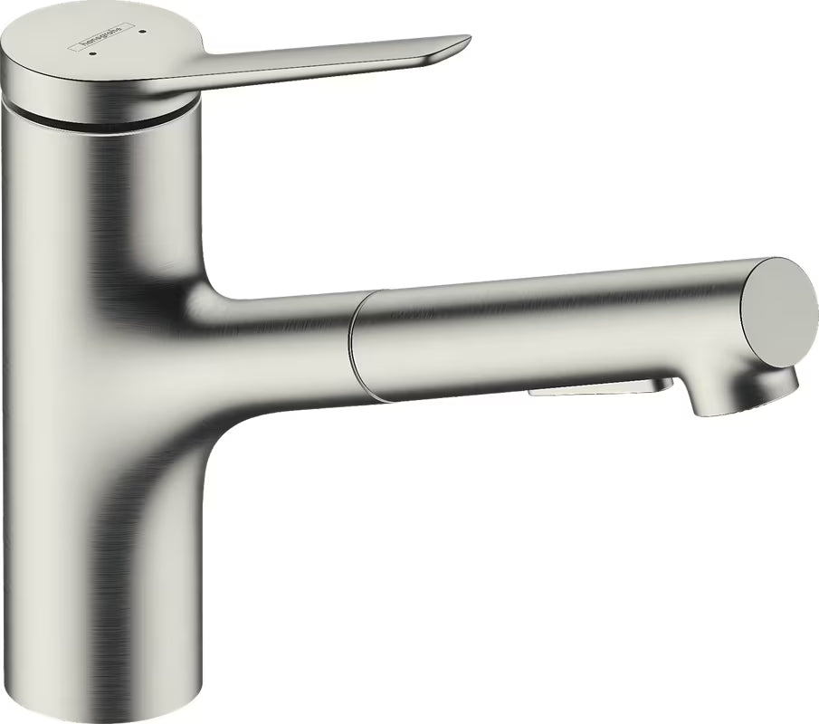 Bateria zlewozmywakowa Hansgrohe Zesis M33 w wykończeniu stal nierdzewna, z metalową wyciąganą wylewką i obrotową wylewką