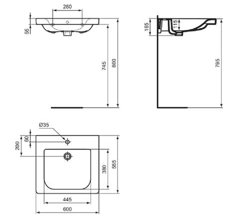 Wiszące ceramiczna umywalka Ideal Standard Connect Freedom 60x55,5 cm w kolorze białym z otworem pro na baterię pośrodku.
