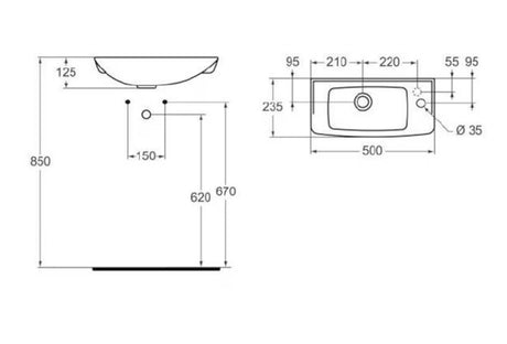 Biała mała umywalka Ideal Standard Eurovit 50 x 23,5 cm z bocznym otworem pro baterię po prawej stronie.