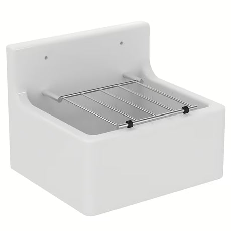 Biała wisząca zlew gospodarczy Ideal Standard Service 45,5x38 cm z chromowanym rusztem