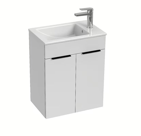 Biała szafka wisząca Jika Cube z dwojgiem drzwi i ceramiczną umywalką.