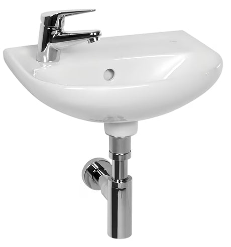 Biała ceramiczna mała umywalka Jika Lyra Plus 40x31 cm z przelewem i otworem pro na baterię po lewej stronie