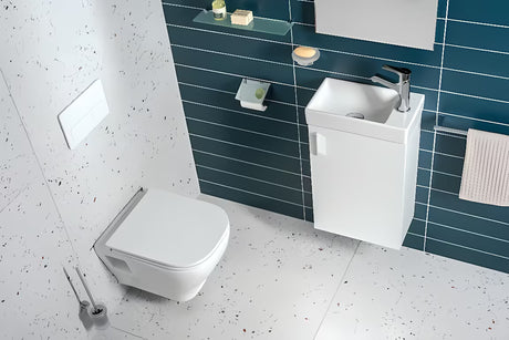 Biała wisząca szafka Jika Petit z ceramiczną umywalką w minimalistycznym stylu