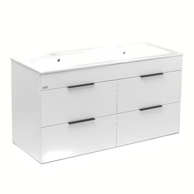 Biała wisząca szafka łazienkowa Jika Plan z ceramiczną umywalką podwójną i szufladami z pełnym wysuwem.