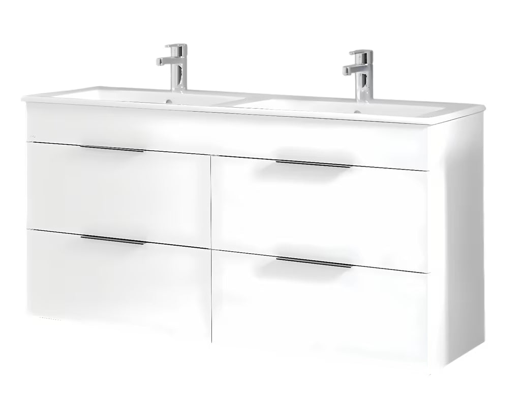 Biała wisząca szafka łazienkowa Jika Plan z ceramiczną umywalką podwójną i szufladami z pełnym wysuwem.