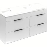 Biała wisząca szafka łazienkowa Jika Plan z ceramiczną umywalką podwójną i szufladami z pełnym wysuwem.