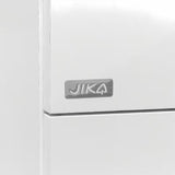 Biała wisząca szafka łazienkowa Jika Plan z ceramiczną umywalką podwójną i szufladami z pełnym wysuwem.