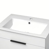 Biała szafka wisząca Jika Plan z umywalką ceramiczną i szufladami z pełnym wysuwem.