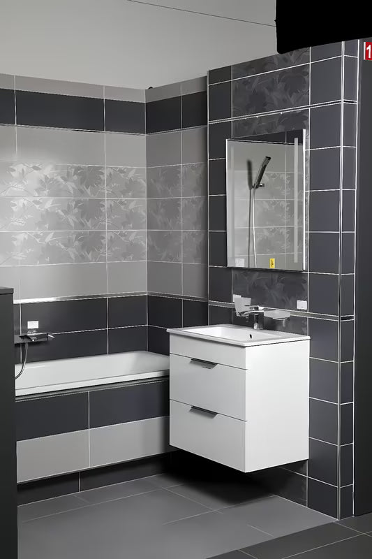Biała szafka wisząca Jika Plan z umywalką ceramiczną i szufladami z pełnym wysuwem.