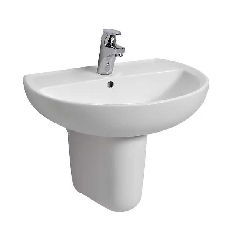 Owalna wiszące biała ceramiczna umywalka Kolo Rekord z otworem pro na baterię pośrodku.