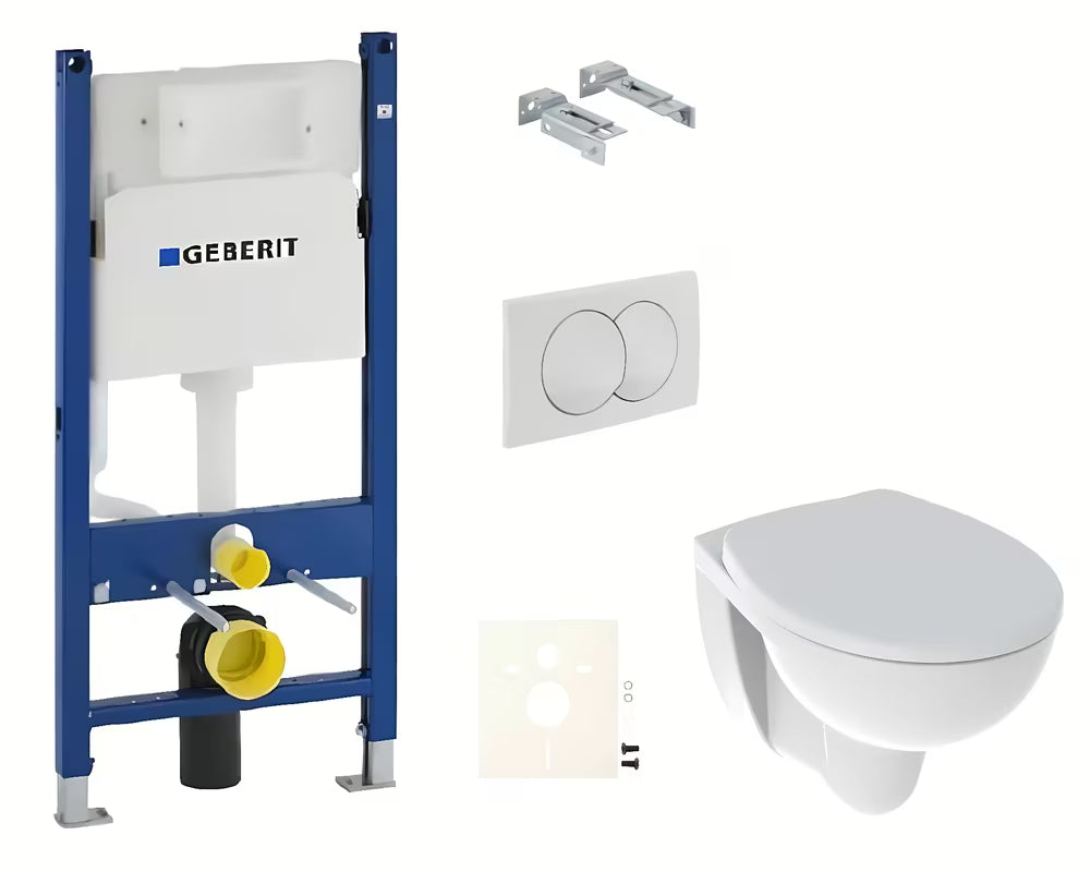 Zestaw WC podtynkowy Kolo Rekord z modułem podtynkowym Geberit, przyciskiem Delta i deską soft Close w kolorze białym.
