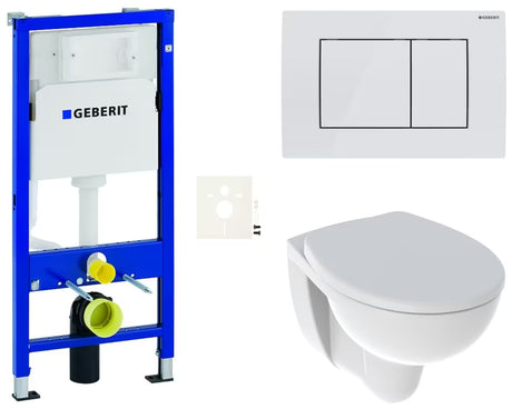 Zestaw WC podtynkowy Kolo Rekord z modułem Geberit Duofix, miską bezkołnierzową i przyciskiem spłukującym w kolorze białym.