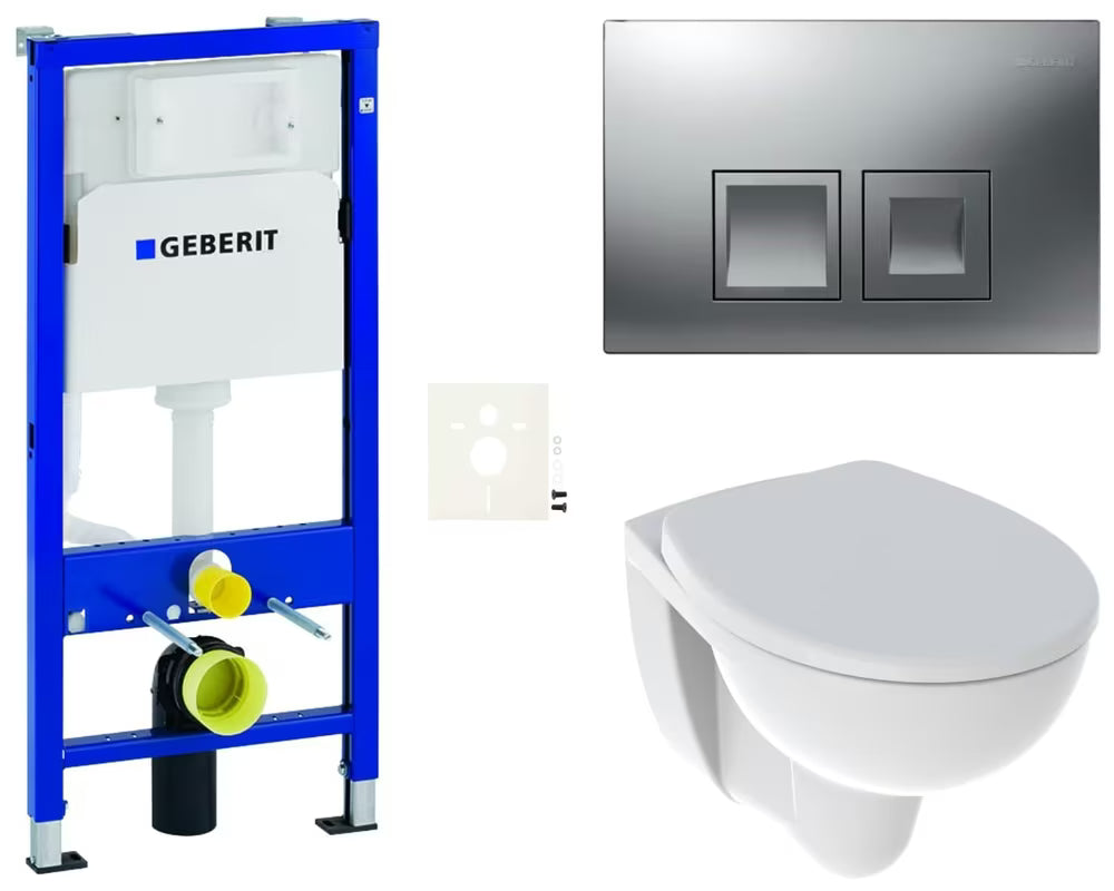 Zestaw WC podtynkowy Kolo Rekord z modułem Geberit Duofix i przyciskiem spłukującym w matowym chromie.