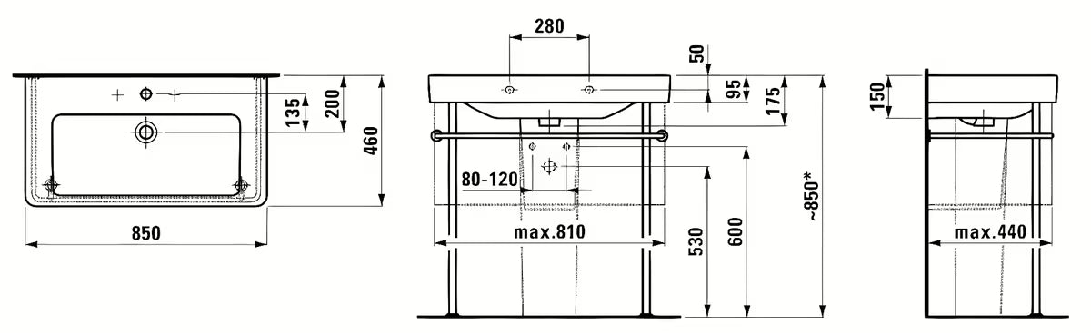 Umywalka meblowa Laufen Pro S 85x46 cm z błyszczącej białej ceramiki z otworem pro baterię pośrodku.