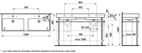 Biała ceramiczna umywalka podwójna Laufen Pro S 130x46 cm pro do zabudowy w meblu łazienkowym