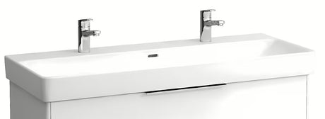 Biała wiszące podwójna umywalka Laufen Pro S 120x46 cm z ceramiki sanitarnej z dwoma otworami na pro baterię.