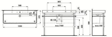 Biała wiszące podwójna umywalka Laufen Pro S 120x46 cm z ceramiki sanitarnej z dwoma otworami na pro baterię.