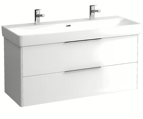 Biała wiszące podwójna umywalka Laufen Pro S 120x46 cm z ceramiki sanitarnej z dwoma otworami na pro baterię.