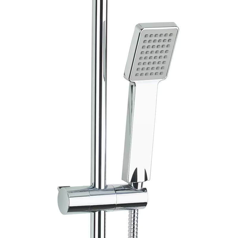 Chromowany system prysznicowy Multi z deszczownicą i słuchawką prysznicową, o kwadratowym designie