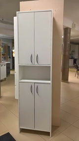 Wysoka szafka łazienkowa Multi Praxis z białej płyty laminowanej z dwiema półkami.