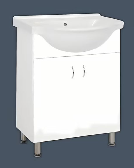 Biała szafka łazienkowa Multi Pro s z ceramiczną umywalką o szerokości 66 cm i nogami ze stali nierdzewnej