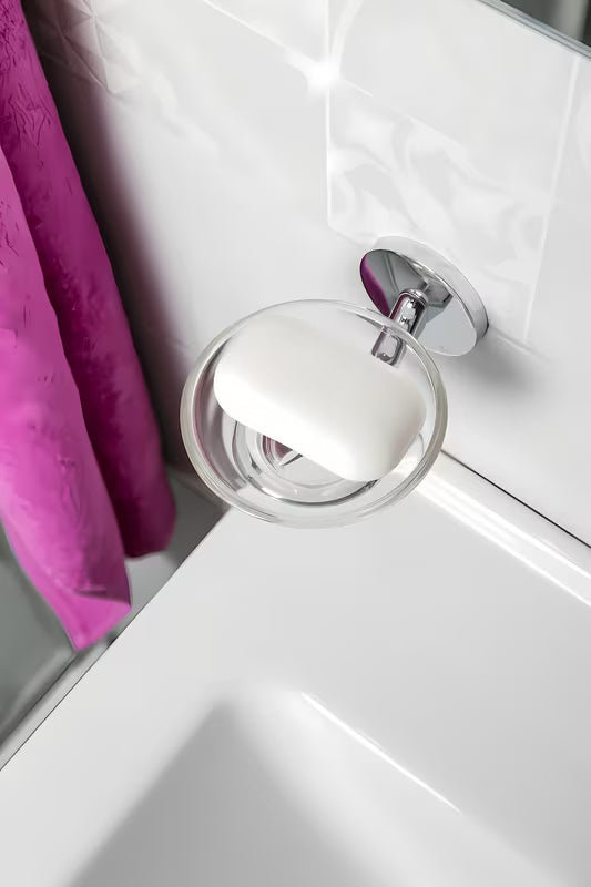 Elegancki mydelniczka Multi Simple w wykończeniu chrome z mosiądzu, cynku i szkła.