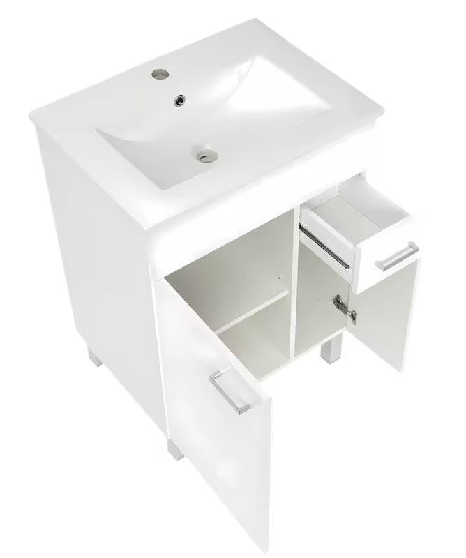 Biała szafka z umywalką ceramiczną Multi z szufladą, drzwiczkami i półką
