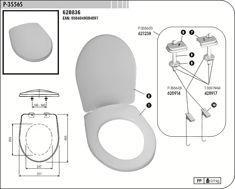 Biała uniwersalna DESKA sedesowa Multi z termoplastu z plastikowymi zawiasami i ukrytym mocowaniem