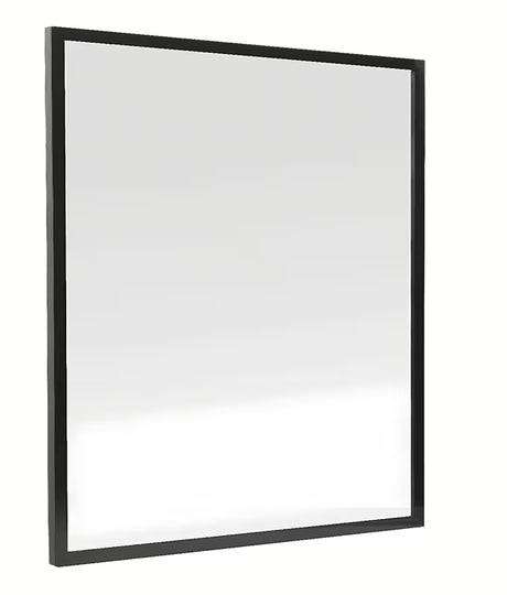 Łazienkowe lustro Naturel z czarną aluminiową ramą o wymiarach 80 x 80 cm.