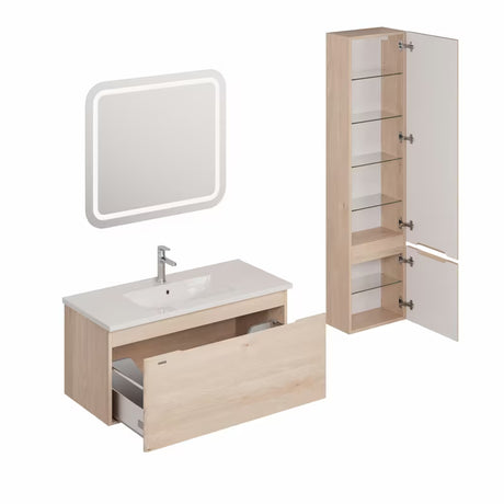 Zestaw mebli Łazienkowych Naturel Ancona w dekorze akacji z umywalką ceramiczną i lustrem LED