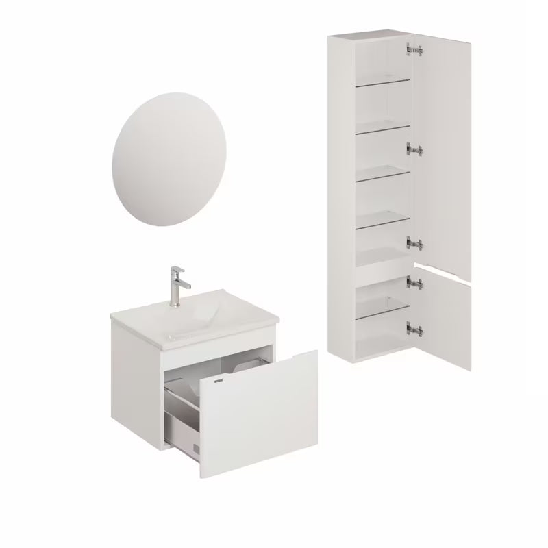 Zestaw mebli Łazienkowych Naturel Ancona w białym dekorze z ceramiczną umywalką, baterią i lustrem LED