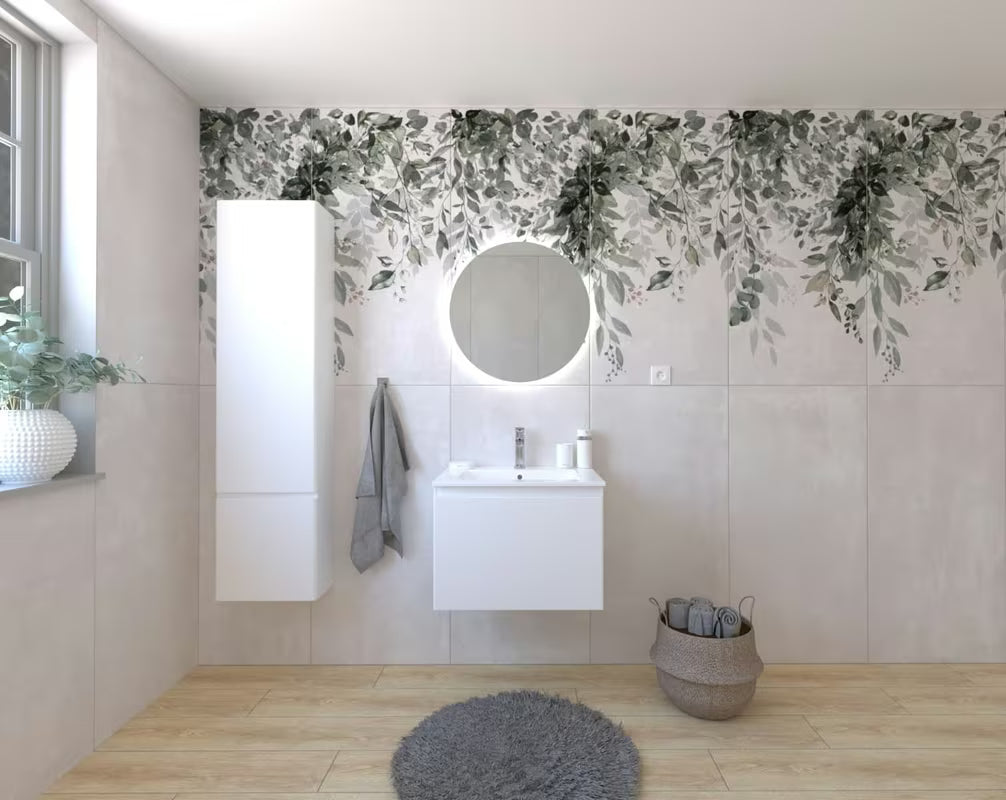 Zestaw mebli Łazienkowych Naturel Ancona w białym dekorze z ceramiczną umywalką, baterią i lustrem LED