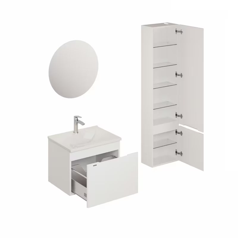 Wisząca zestaw mebli łazienkowych Naturel Ancona w białym dekorze z ceramiczną umywalką i lustrem LED