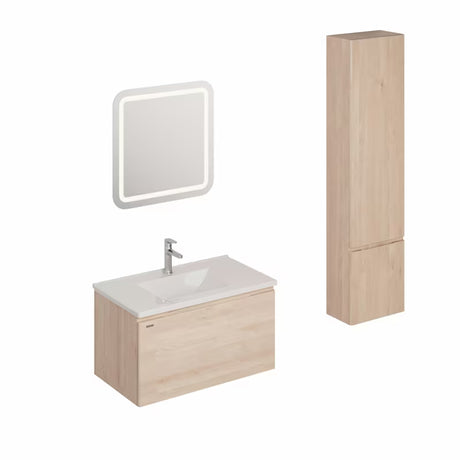 Zestaw mebli Łazienkowych Naturel Ancona w dekorze akacji z umywalką ceramiczną, szafkami, baterią i lustrem LED.