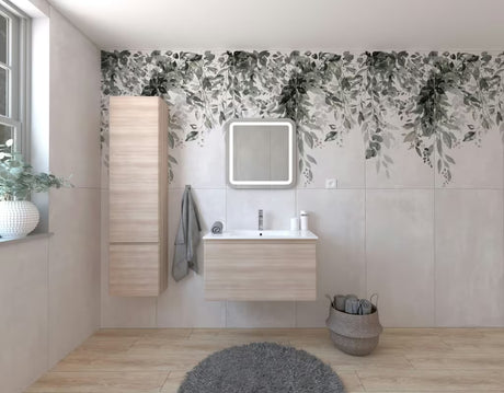 Zestaw mebli Łazienkowych Naturel Ancona w dekorze akacji z umywalką ceramiczną, szafkami, baterią i lustrem LED.
