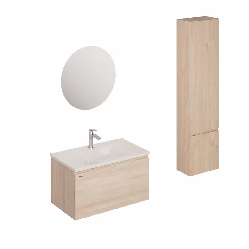 Zestaw mebli Łazienkowych Naturel Ancona w dekorze akacja z ceramiczną umywalką i szafkami wiszącymi