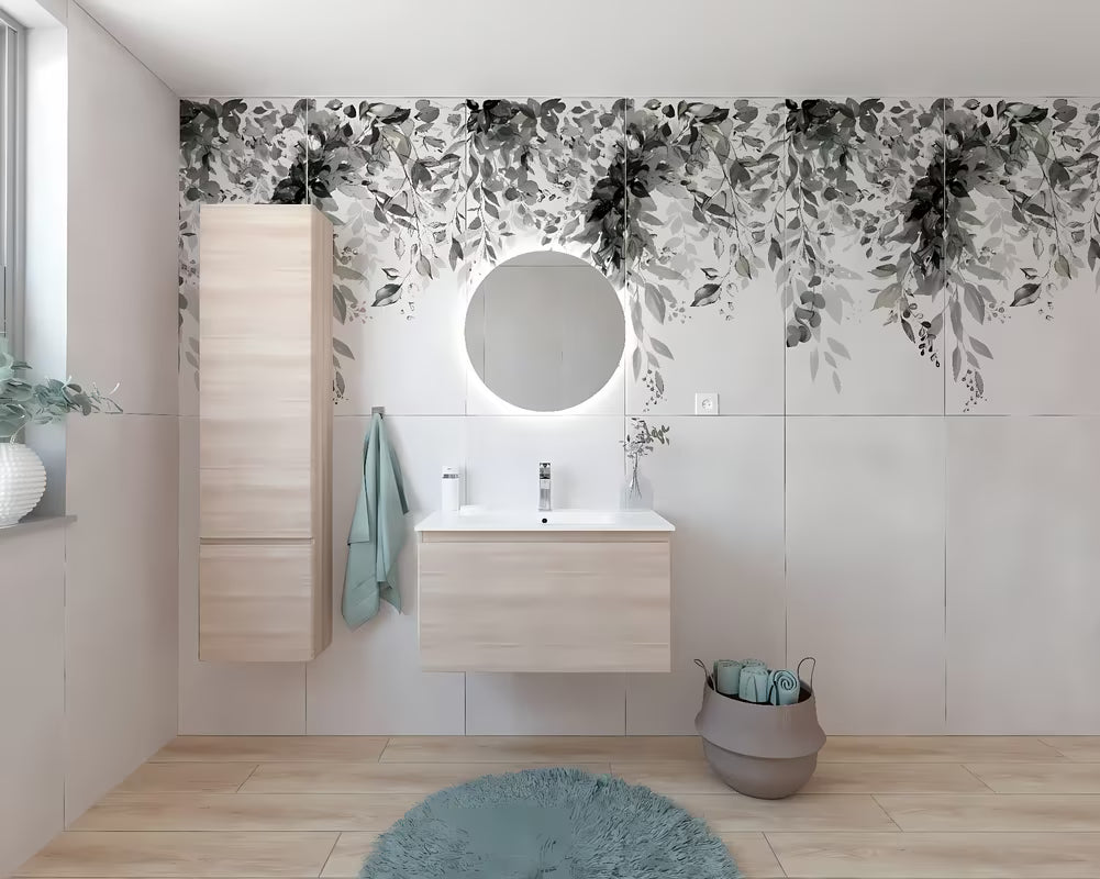 Zestaw mebli Łazienkowych Naturel Ancona w dekorze akacja z ceramiczną umywalką i szafkami wiszącymi