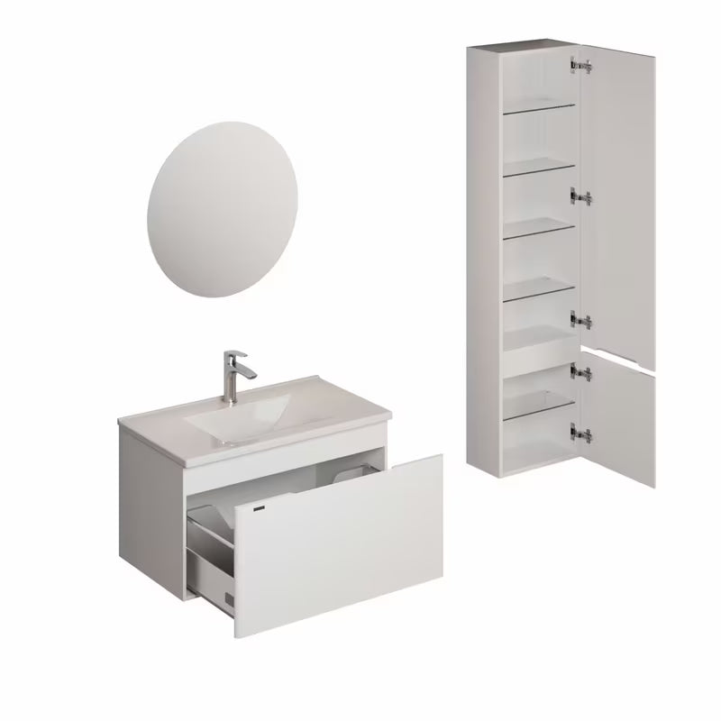 Zestaw mebli Łazienkowych Naturel Ancona w białym połysku z szafką, ceramiczną umywalką i lustrem LED