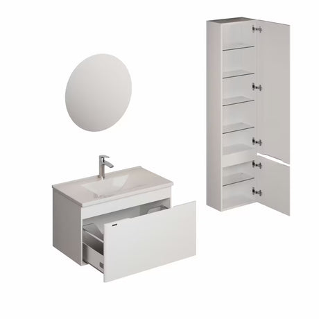 Zestaw mebli Łazienkowych Naturel Ancona w białym połysku z szafką, ceramiczną umywalką i lustrem LED