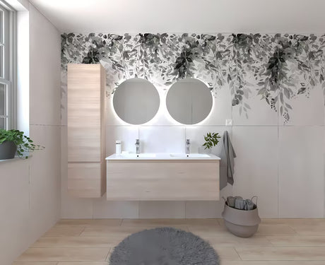 Zestaw mebli Łazienkowych Naturel Ancona w dekorze akacji z podwójną umywalką, z szafkami i lustrami LED