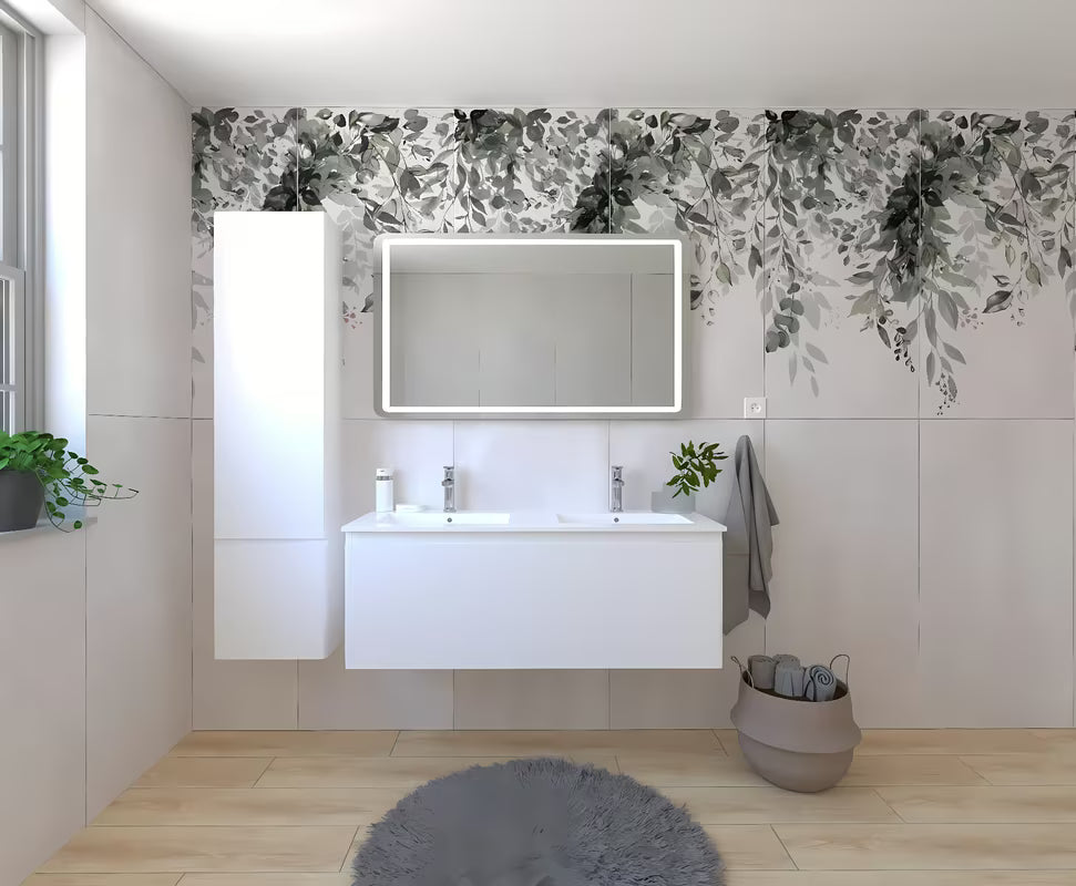 Wisząca zestaw mebli łazienkowych Naturel Ancona w białym dekorze z podwójną umywalką i lustrem LED