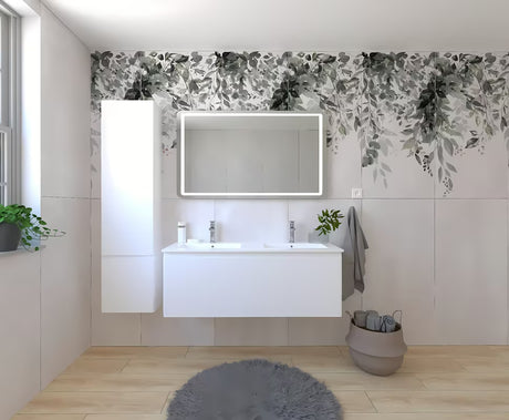 Wisząca zestaw mebli łazienkowych Naturel Ancona w białym dekorze z podwójną umywalką i lustrem LED
