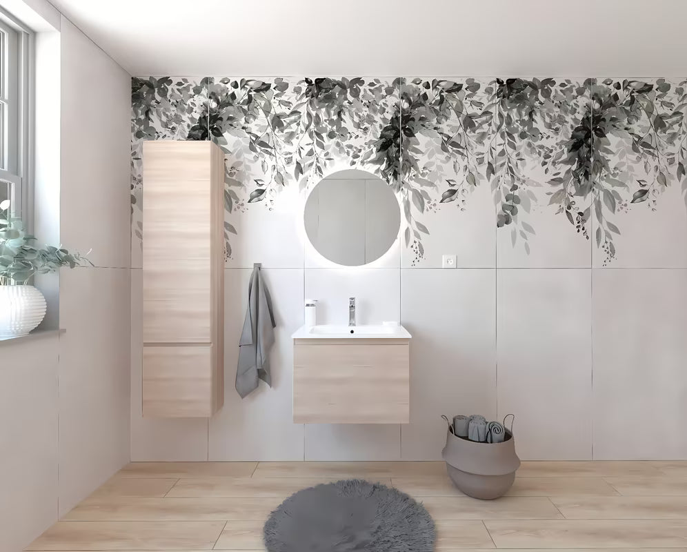 Zestaw mebli Łazienkowych Naturel Ancona w dekorze akacji z szafką, umywalką i lustrem LED