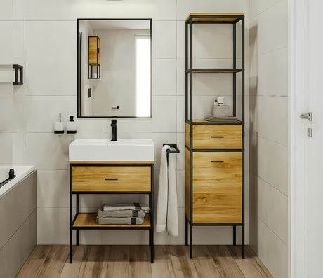 Stojący regał Naturel Blackframe z czarną metalową ramą i płytą MDF w dekorze klonu.